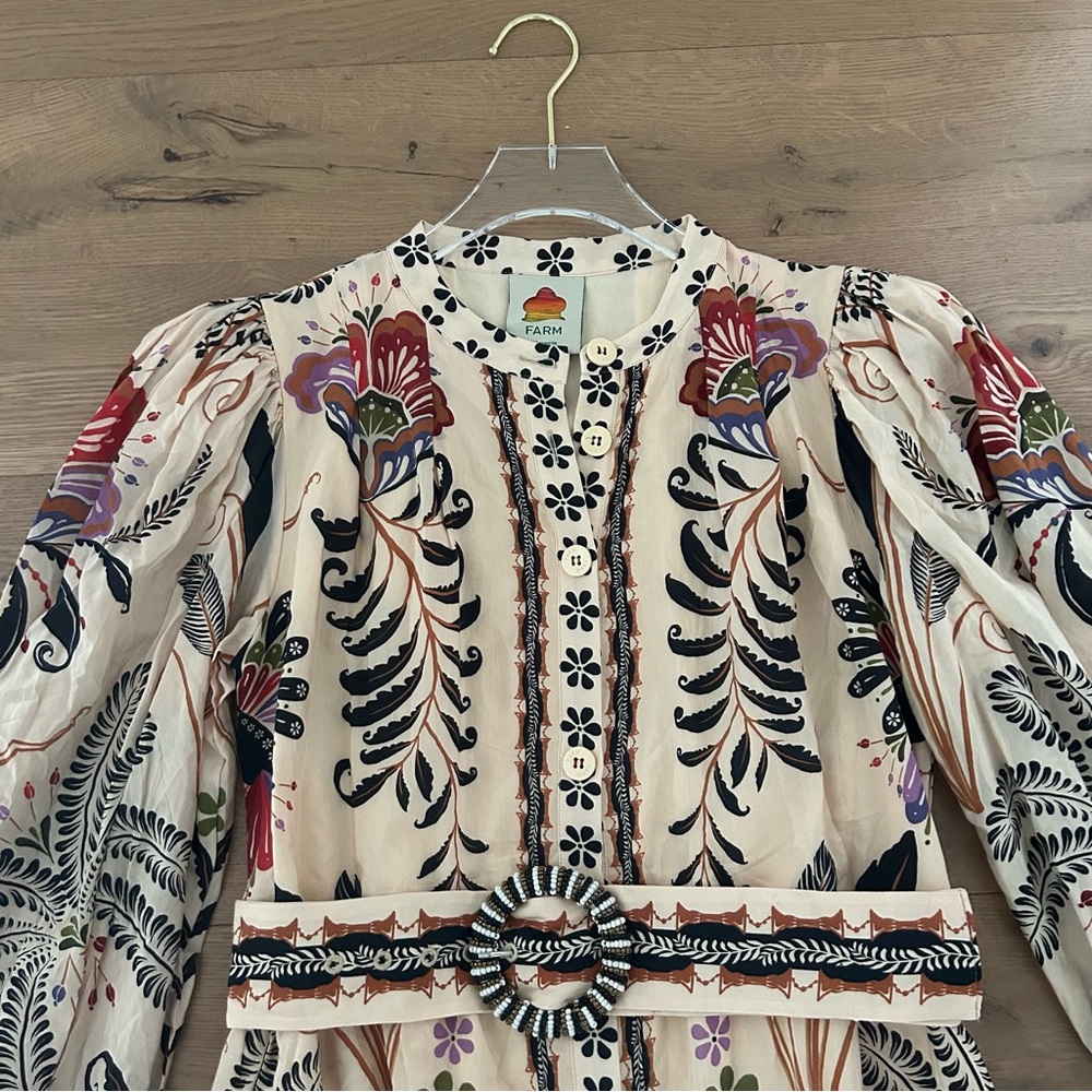 FARM RIO Nature Mini Dress Romantic Bead Belt Maximalist Puff Beige Size Medium - Picture 5 of 16